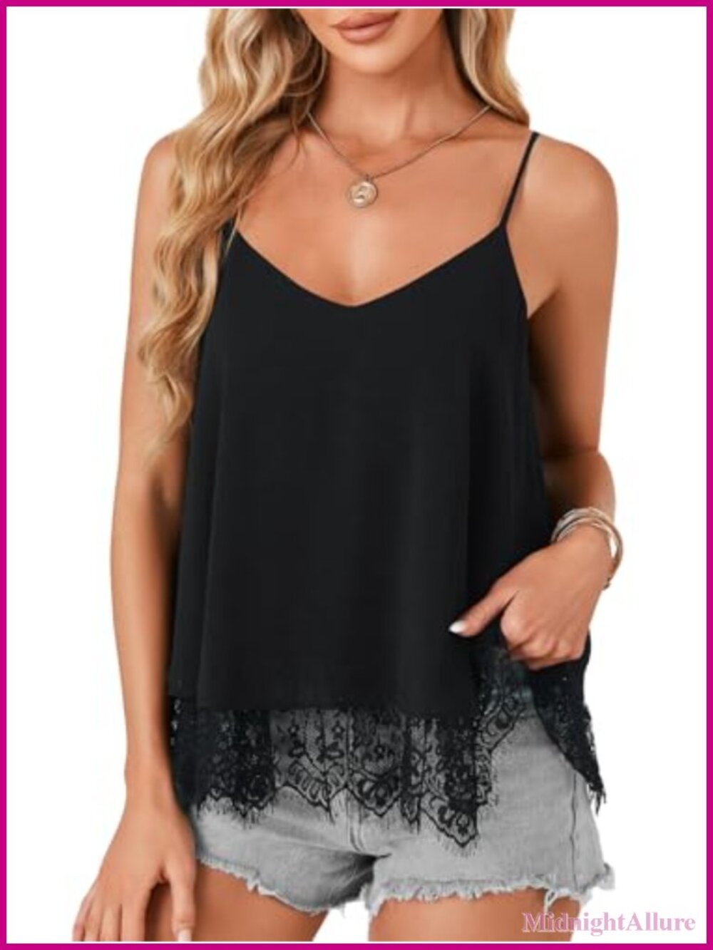Womens Chiffon Lace Trim V-Neck Adjustable Spaghetti Strap Sleeveless Backless